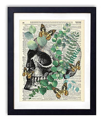 Human Skull with Eucalyptus and Butterflies, Vintage Dictionary Art Print, Modern Contemporary Wall Art For Home Decor, Boho Art Print Poster, Country Farmhouse Wall Decor 8x10 Inches, Unframed