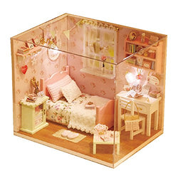 QTFHR Cute Dollhouse Miniature DIY House Mini Creative Room with Furniture Plus Dust Proof Cover DIY Romantic Gift (Pink)