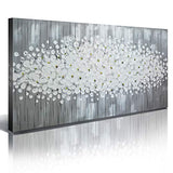 Abstract Modern Canvas Wall Art Flower Oil Painting 100% Hand Painted 3D Pure Gray White Flowers Framed Contemporary Decoration Simple Life Beautiful Blossom Floral Picture Ready to Hang (24x48 inch)