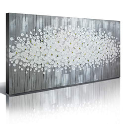 Abstract Modern Canvas Wall Art Flower Oil Painting 100% Hand Painted 3D Pure Gray White Flowers Framed Contemporary Decoration Simple Life Beautiful Blossom Floral Picture Ready to Hang (24x48 inch)