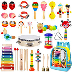TAIMASI Kids Musical Instruments, 33Pcs 18 Types Wooden Percussion Instruments Tambourine Xylophone Toys for Kids Children, Preschool Education Early Learning Musical Toy for Boys and Girls