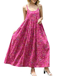 YESNO Women Casual Loose Bohemian Floral Print Dresses Spaghetti Strap Long Maxi Summer Beach Swing Dress XS-5X E75 (As Picture26-Rose, l)