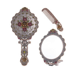 Nerien Vintage Round Rose Metal Mirror Comb Set Antique Hand Held Vanity Mirror Comb Set Copper