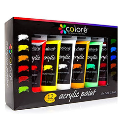 Colore Acrylic Paint Studio Set - Professional Grade Painting Kit for Painting Canvas, Clay, Fabric, Nail Art, Ceramic & Crafts - Great for Kids & Adults - 12 Extra Large, 75 mL (2.5 oz) Tubes