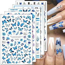Butterfly Nail Art Stickers Decals Blue Butterflies Flowers 3D Nail Sticker Summer Floral Leaves Adhesive Transfer Decal Slider Nail Decorations for Acrylic Nails DIY Nail Art Supplies 10 Sheets