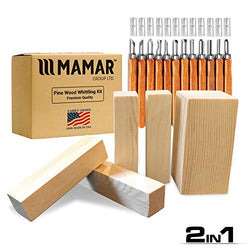 MAMAR Pine Wood Carving Whittling Kit - 12 Piece SK10 Carbon Steel Tools and 5 Large Wood Blocks Bundle - Whittlers Pick - Preferred Choice for Adults and Kids - Great Learning Set for Beginner or Pro