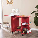 Mobile Rolling Craft Sewing Table - Red Painted Finish - Wooden Construction
