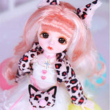 YNSW BJD Doll, Pink Leopard Print Dress with Hairpin Decoration 1/6 30Cm Lifelike DIY Handmade Dolls 28 Jointed SD Doll Toy Gift for Child
