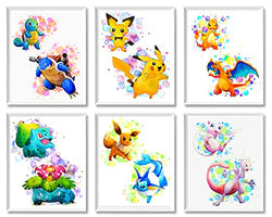 Pokemon Posters Wall Décor – Unframed Set of 6 Prints 8x10 Inch, Watercolor Anime for Kids Room Decoration Pichu Pikachu Charmander Charizard Squirtle Blastoise Bulbasaur Venusaur Eevee Mew Mewtwo