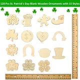 120 Pieces St. Patrick's Day Unfinished Wooden Ornaments Blank Wooden Ornaments Wood Embellishments Shamrock Horseshoe Rainbow Leprechaun Hat Pot of Gold Cutouts with 120 Pieces Twines for Craft Decor