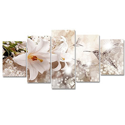 White Lily Flower Canvas Painting Abstract Humminbird Animal Wall Art