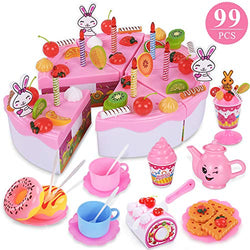 TEMI Pretend Birthday Cake for Kids, DIY 99 PCS Decorating Party Play Food Toys Set w/ Candles Fruit Dessert, Educational Kitchen Toy for Children, Toddlers, Boys & Girls, Aged 3 4 5 Year Old, Pink