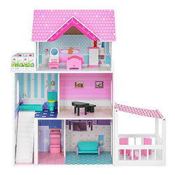 BABLE Wooden Dollhouse with Furniture Pieces,Toy House for Little Girls 3-8 Years Old, Kids Pretend Play Dollhouse Kit, Toy Play Set Dollhouse Toy with Accessories, 34 x12 x34 in,Pink