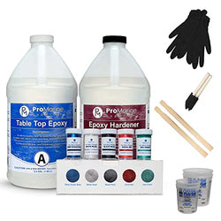 Pro Marine Supplies Crystal Clear Table Top Epoxy Resin and Hardener (2-Part 1 Gallon Kit) with Accessories Bundle with Pro Mica Powder (5 Vibrant Colors - 10g/Bottle) Natural Pearlescent Pigment