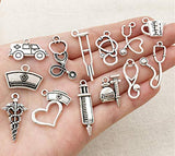 ALIMITOPIA Medical Hospital RN Charm Doctor Stethoscope Syringe Nurse Hat Health Care RX Charm Pendant Connector DIY Handmade Necklace Bracelet Jewelry Making Accessaries(25pcs,Silver Tone)