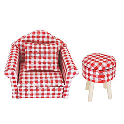 1/12 Scale Lovely Doll House Sofa and Round Stool DollsHouse Furniture Set Sofa Tea Stool Bar Stool Mini Red Plaid Sofa Decor Couch with Back Cushions DIY Doll House Accessories Red