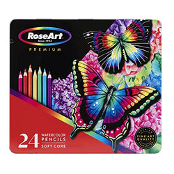 Rose Art Premium 24ct Soft Core Watercolor Pencils – Art Supplies for Drawing, Sketching, Adult Coloring in Design Storage Tin, multi (84402)