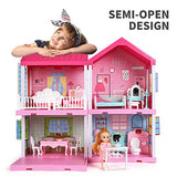 TEMI Dollhouse Dreamhouse Building Toys Figure w/ Furniture, Accessories, Pets and Dolls, DIY Cottage Pretend Play Doll House, for Toddlers, Boys & Girls(4 Rooms)