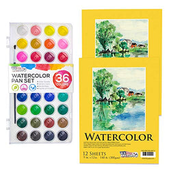 U.S. Art Supply 36 Color Watercolor Artist Paint Set with Plastic Palette Lid Case and Paintbrush Bundled with 2 Pack of 9" x 12" Premium Heavy-Weight Watercolor Painting Paper Pad, 60 Pound (300gsm)