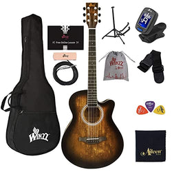 WINZZ HAND RUBBED Series - 40 Inches Cutaway Acoustic Acustica Guitar Beginner Starter Bundle with Online Lessons, Padded Bag, Stand, Tuner, Pickup, Strap, Picks, Brown Sunburst