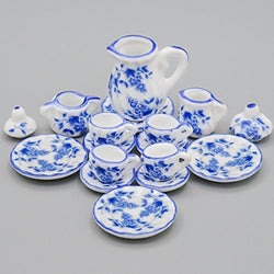 Odoria 1:12 Miniature 15PCS Blue Porcelain Tea Cup Set Blue Chintz Dollhouse Kitchen Accessories