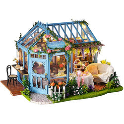 Dollhouse Miniature with Furniture, DIY Wooden Doll House Kit Tea House-Style Plus Dust Cover and Music Movement, 1:24 Scale Creative Room Idea Best Gift for Children Friend Lover