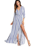 Milumia Women's Stripe V Neck Half Sleeve Split Button Up Party Maxi Dress Blue X-Small