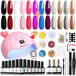 Modelones 12 Colors Gel Nail Polish Kit with U V Light 48w LED Nail Dryer Lamp/Gel Base and Top Coat/Nail Art Tools/Glitter Sequins Rhinestones Essential Manicure Kit for Valentine's Day