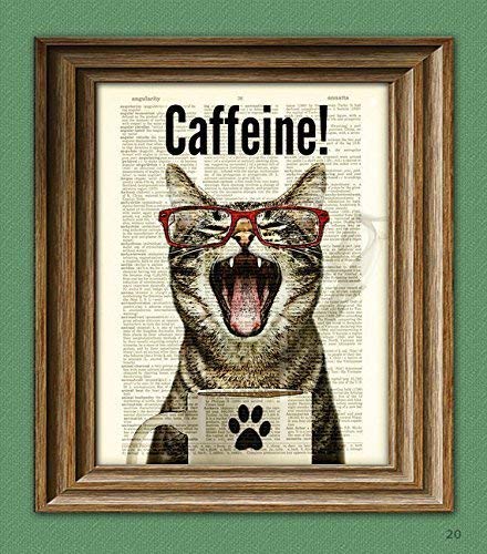 Caffeine Cat Has a Case of the Mondays Coffee Cup Cat Altered Art Dictionary Page Illustration Book Print