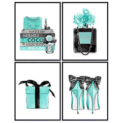 Tiffany Blue - Glam Wall Art - Designer Perfume, Shoes, Handbags - High Fashion Design Gift for Fashionista - Luxury Couture Wall Decor Poster Print Picture Set for Women, Girls Bedroom, Teens Room