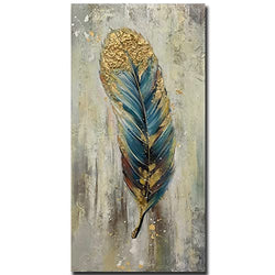 Boieesen Art,24x48Inch 3D Abstract Hand Painted Textured Wall Art Golden Feather Oil Paintings Simple contemporary Canvas Artwork for Living Room Bedroom Wall Décor