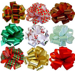 Assorted Christmas Gift Pull Bows - 5" Wide, Set of 9, Red, Green, Gold, Stripes, Swirls, Bows