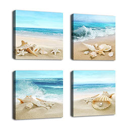 Canvas Wall Art Seashell Starfish on Beach Picture Blue Canvas Artwork Turquoise Contemporary Wall Art Prints for Bathroom Bedroom Living Room Decoration Office Wall Decor 12" x 12" x 4 Pieces
