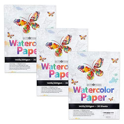 Watercolor Paper - 3 Pads (90 Sheets Total) of 140lb, 300gsm Bright White Cold Press Texture Acid-Free Watercolor Paper for Kids, Teens and Adults