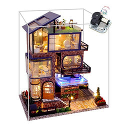 WYD Wooden Modern 3-Story Elevator Villa Model 3D Assembled Toy House DIY Dollhouse Kit Musical Gift with LED Lights Christmas Birthday Gift