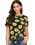 Romwe Women's Floral Print Short Sleeve Tie Front Knot Casual Loose Crop Tee T-Shirt Yellow XS