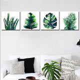 Leaf Home Wall Decorations Art Decor for Bathroom Bedroom Pictures Canvas Prints Boho Dark Green Leaves Plant Simple Life Minimalist Tropical Botanical Water Color Set of 4 Piece 20" X 20" Framed