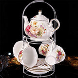 14 Piece European Ceramic Tea Set Coffee set Porcelain Tea SetWith Metal Holder,flower tea set Red Rose Painting,160ML/Cup,460ML/Pot (Red)