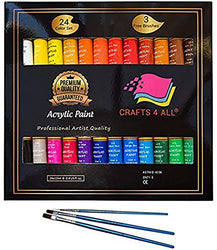 Acrylic Paint Set 24 Colors by Crafts 4 ALL Perfect for Canvas, Wood, Ceramic, Fabric. Non Toxic & Vibrant Colors. Rich Pigments Lasting Quality for Beginners, Students & Professional Artist