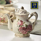 YOLIFE Red Rose Ivory Ceramic Tea Set,Vintage Tea Set With Teapot,Pretty Tea set Service for 4
