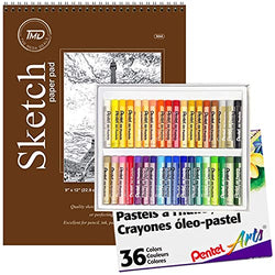 Pentel Oil Pastels 36 Colors Soft Oil Pastels, Oil Pastels For Artists, Oil Pastel Paper Pad 9"x12" Spiral 30 Sheets, Oil Pastels Art Supplies
