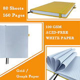 Thick Hard Cover Notebook,Graph Ruled Journal,Grid Notebook With 160 Pages Of 100GSM Premium Paper For Writing,Fine Inner Pocket,Elastic Pen Loop,Banded,8"x5.7",Faux Leather (Grid,Yellow)