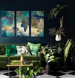 Large World Map Canvas Prints Wall Art for Living Room Office "16x32" 3 Piece Green World Map Picture Artwork Decor for Home Decoration