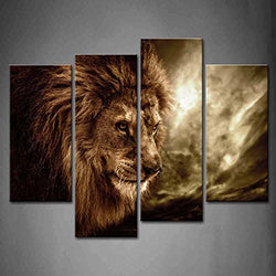 4 Panel Wall Art Brown Fierce Lion Against Stormy Sky Painting The Picture Print On Canvas Animal Pictures for Home Decor Decoration Gift Piece (Stretched by Wooden Frame,Ready to Hang)