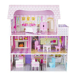 Wooden Dollhouse for Little Girls, Doll House with 9 Furniture Pieces Toys Gift for 3 4 5 6 Year Old Kids Toddlers