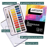 Premium Watercolor Paint Set - 24 Vibrant Colors Pan Pallete Paints Travel Set and Watercolor Painting Set for Artists, Beginners, Kids, Adults and Professionals