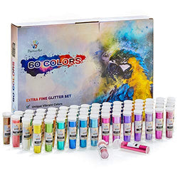 Extra Fine Glitter Set of 60 Vibrant Colors | Color Powder in Leak-Proof Shaker Jars (0.32oz/9g) | Arts & Crafts Glitter Kit Glows Under UV Light | Use for Projects, Slime, Nails, Body, Face & More