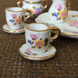 SXFSE Dollhouse Decoration Kitchen Accessories, 8pcs Dining Ware Porcelain Tea Cup Set Pink Dish Cup Plate with Golden Trim 1/6 Dollhouse Miniature
