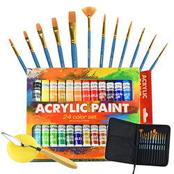 Upgraded Acrylic Paint Set - High-End Arts & Crafts Painting Supplies for Kids and Adults - 24 Stunning Pigments, 12 Professional Paint Brushes & Carrying Case + Extra Bonus: Palette Knife with Sponge