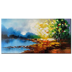 Abstract Hand Painted Canvas Wall Art Blue Oil Painting Landscaped Lake Artwork Modern Home Decor for Bedroom Framed 24x48in
